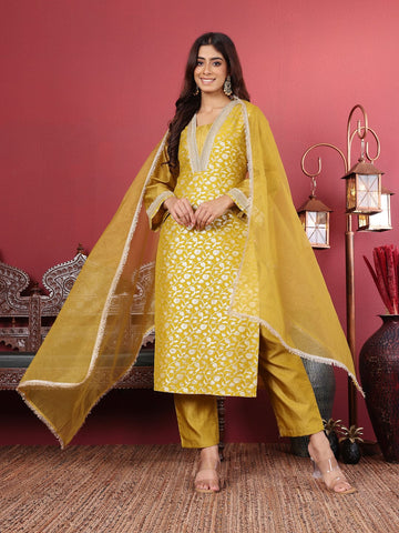 Varanga Women Brocade Embroidered Kurta with Tonal Bottom and Lace Detailed Dupatta